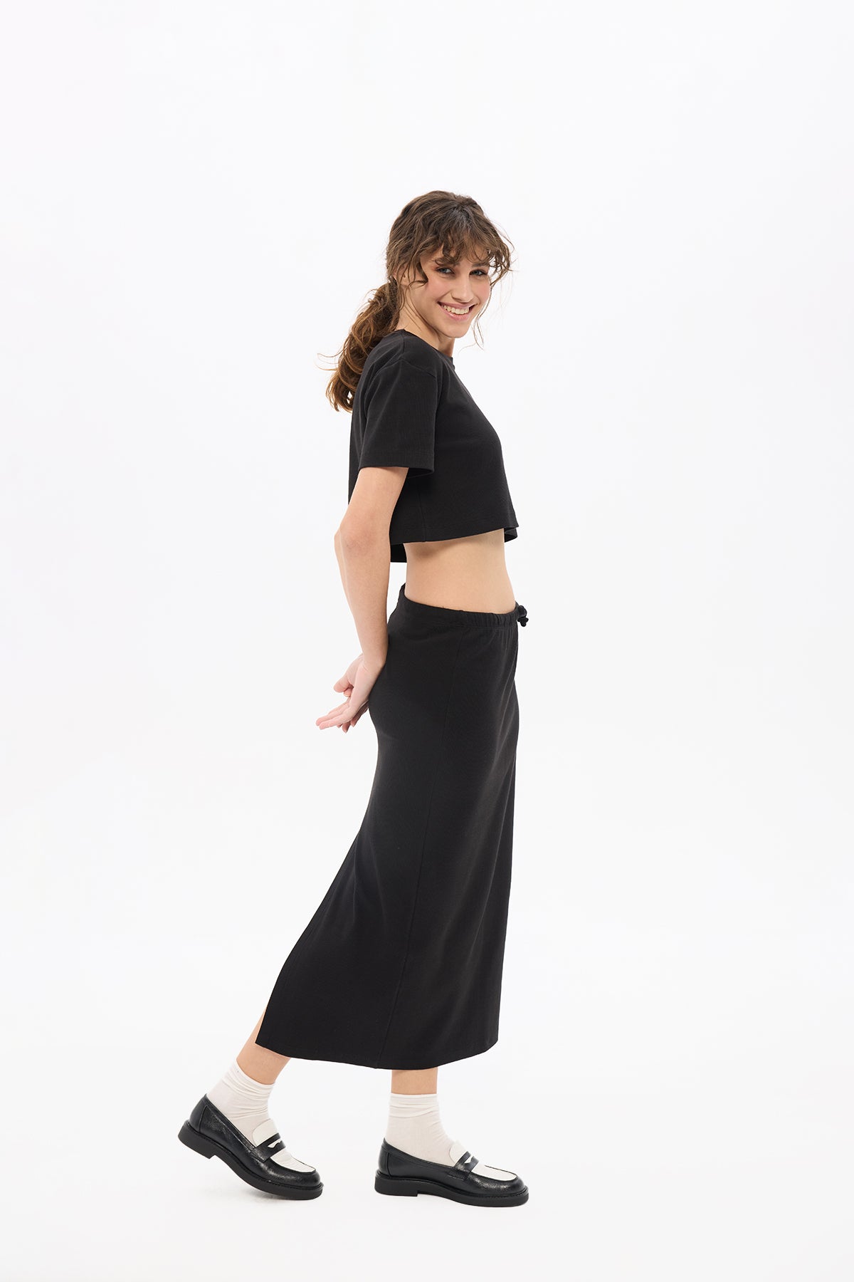 Kadın Pia Black Crop Top Skirt Set